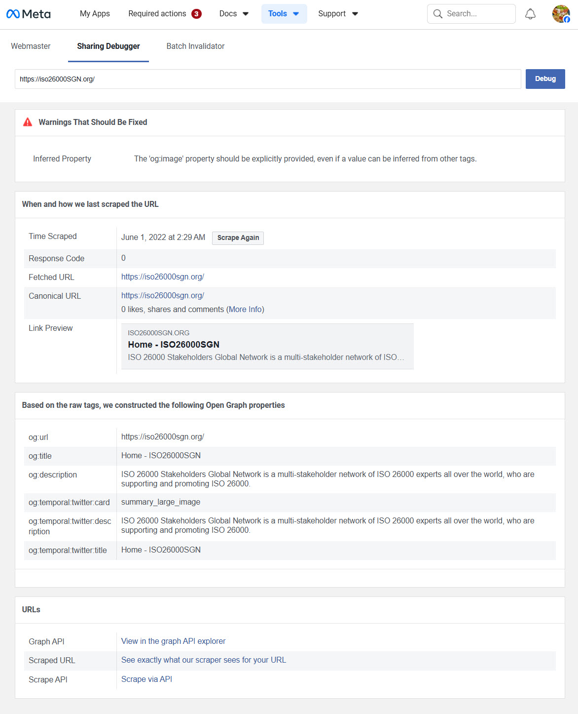 Meta Sharing Debugger results for the old iso26000sgn.org website โ missing og:image, missing fb:app_id, warnings about required properties