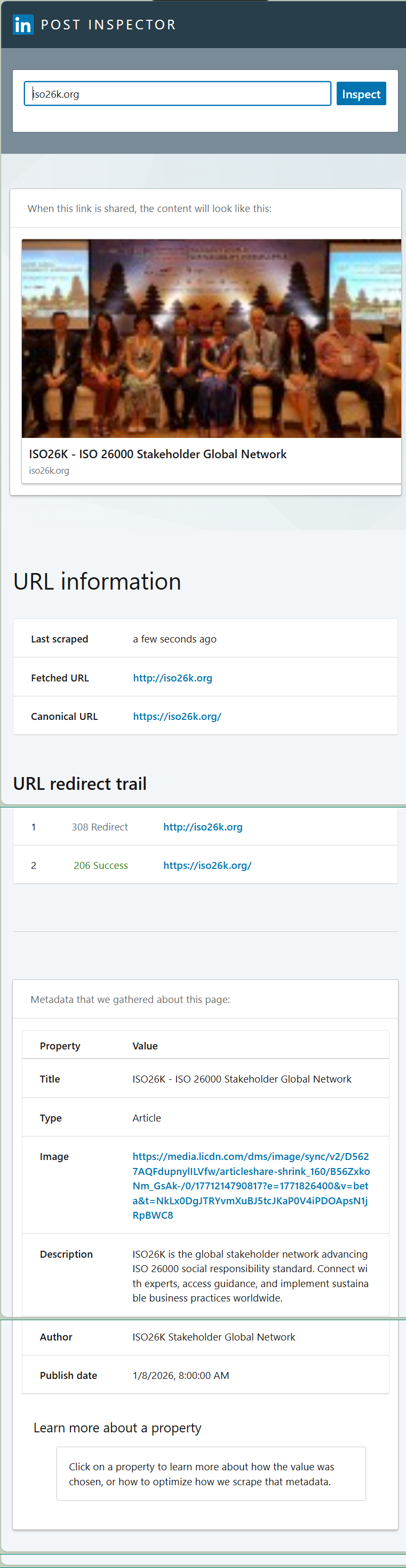 LinkedIn preview of the new iso26k.org website โ professional preview card with social sharing image, structured title, description, and publication date