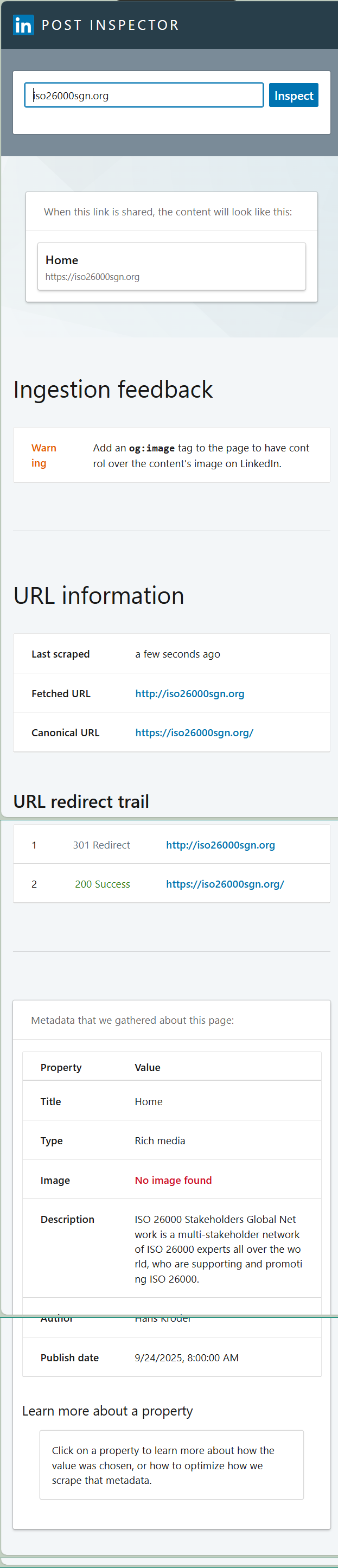 LinkedIn preview of the old iso26000sgn.org website โ basic text-only preview with title and description but no social sharing image