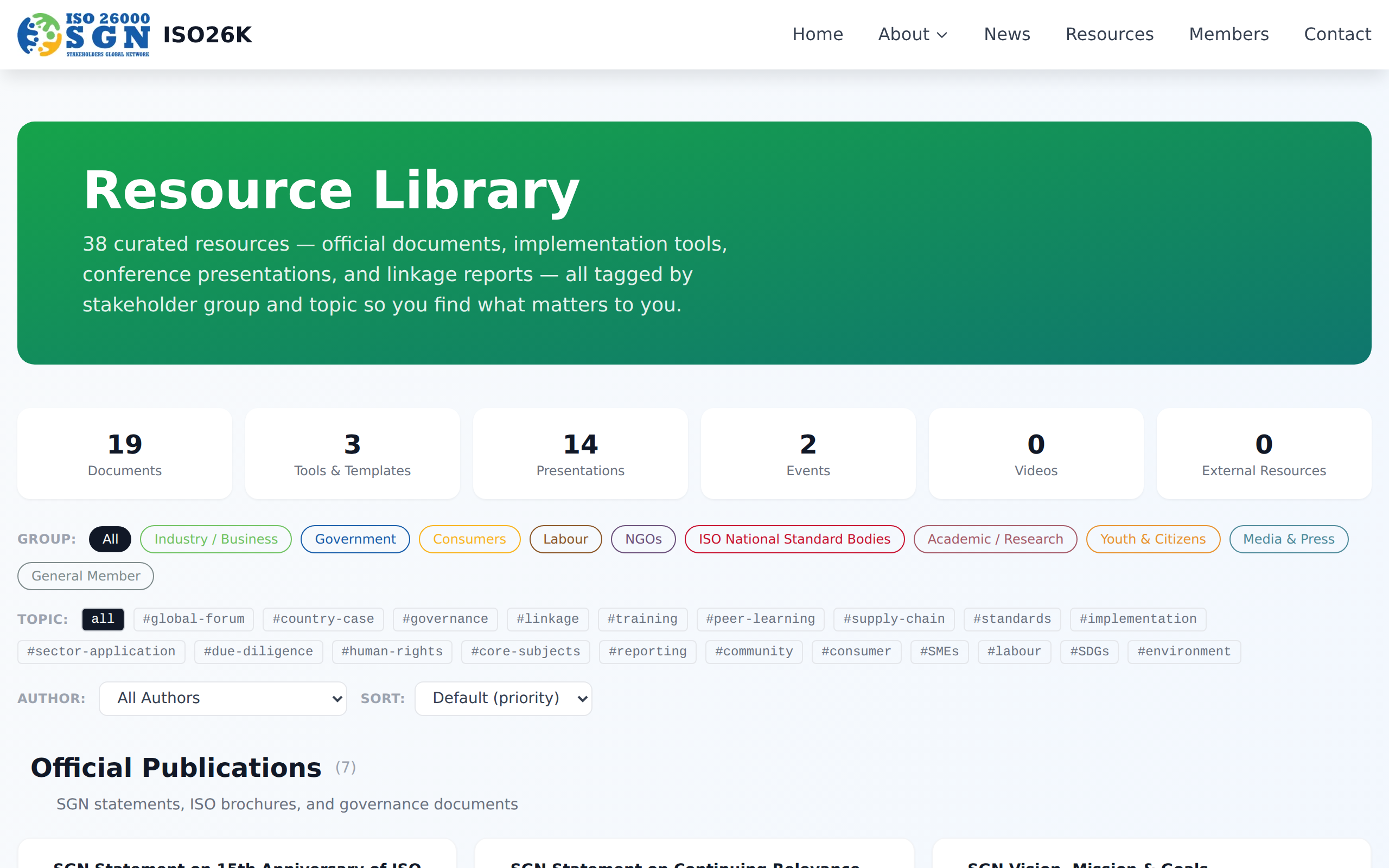 Resource Library showing filter pills for resource types, stakeholder groups, topic tags, and sorting โ with category-grouped resource cards
